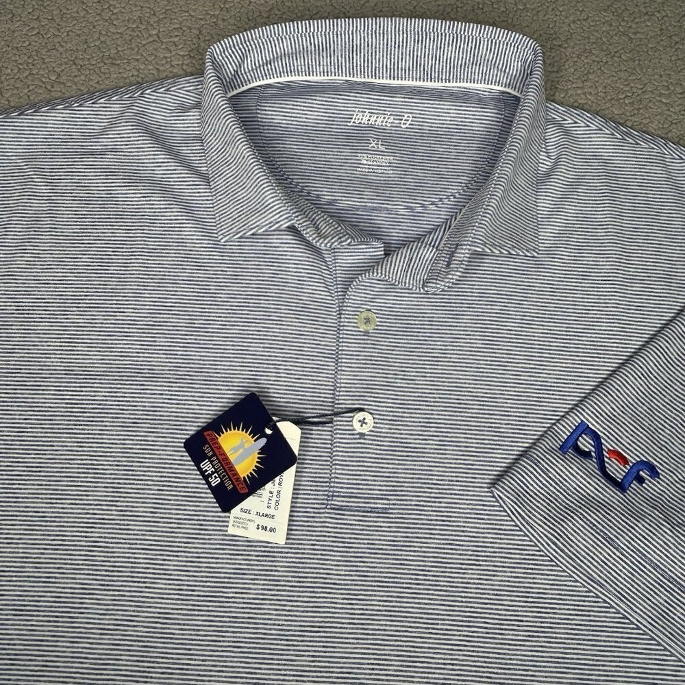 Johnnie-O Polo Shirt Mens Extra Large LYNDON Blue Stripe PCF Logo Golf Stretch